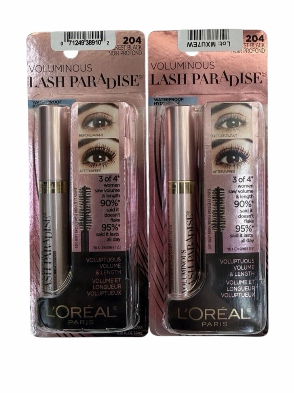 L'Oreal Voluminous Lash Paradise WATERPROOF Mascara BLACKEST BLACK 204 - 2 Pack